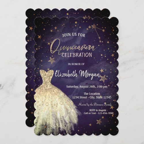 Chic Gold Dress Stars Galaxy Quinceaera Invitation