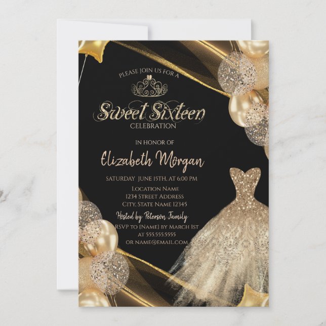 Chic  Gold Dress Tiara Balloons Sweet 16 Invitation (Front)