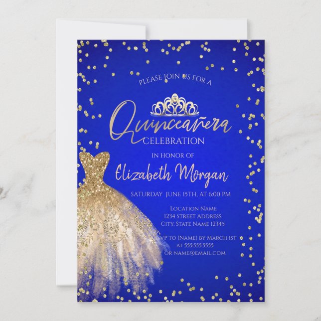 Chic Gold Dress Tiara, Blue Quinceañera  Invitation (Front)