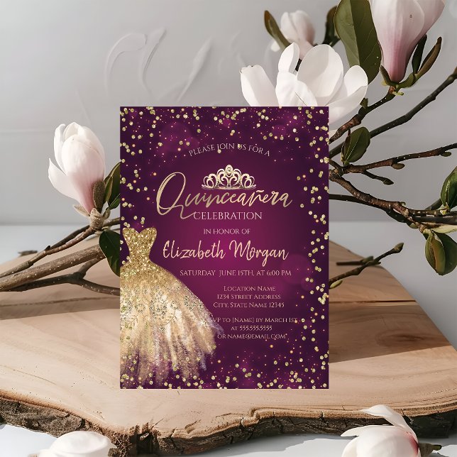 Chic Gold Dress Tiara, Burgundy Quinceañera  Invitation (Creator Uploaded)