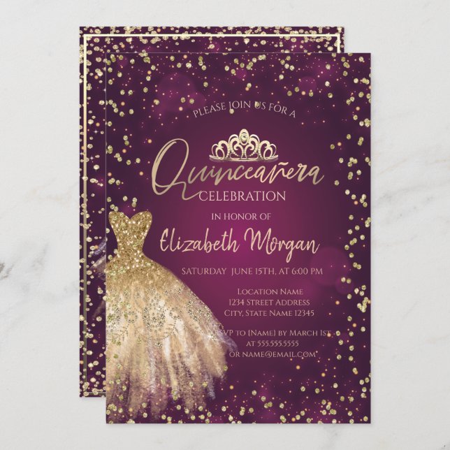 Chic Gold Dress Tiara, Burgundy Quinceañera  Invitation (Front/Back)
