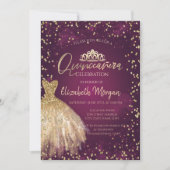 Chic Gold Dress Tiara, Burgundy Quinceañera  Invitation (Front)