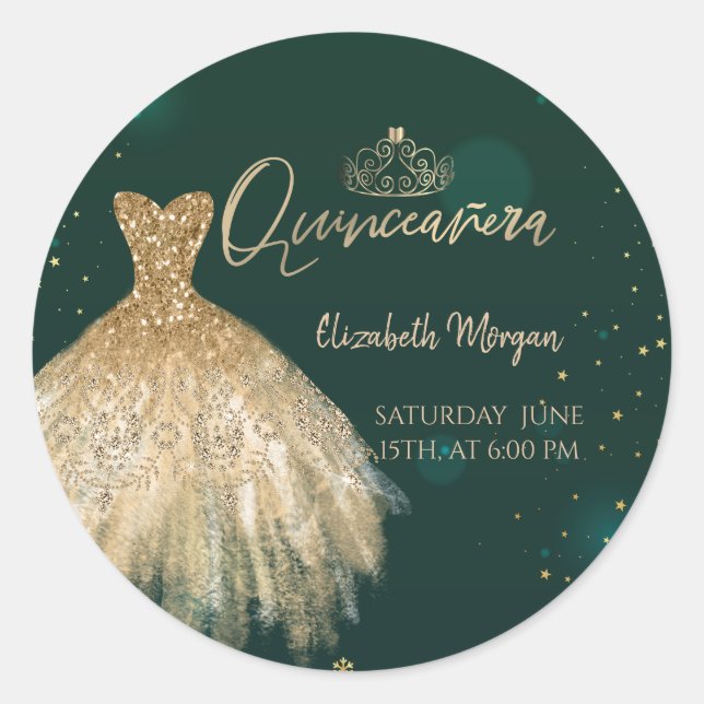 Chic Gold Dress Tiara,Diamonds Green Quinceañera  Classic Round Sticker (Front)