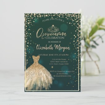 Chic Gold Dress Tiara,Diamonds Green Quinceañera Invitation | Zazzle