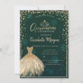 Chic Gold Dress Tiara,Diamonds Green Quinceañera  Invitation (Front)