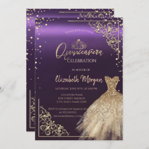 Chic Gold Dress Tiara,Diamonds Purple Quinceañera Invitation