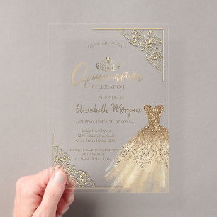 Chic Gold Dress Tiara,Diamonds Quinceañera Acrylic Invitations