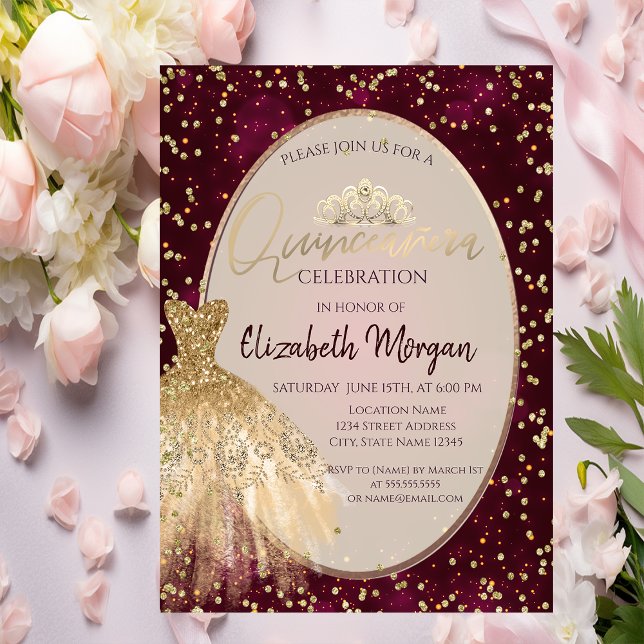 Chic Gold Dress Tiara, Red Quinceañera  Invitation (Creator Uploaded)