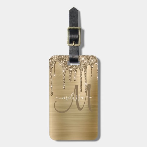 Chic Gold Dripping Glitter Brush Metal Monogram Luggage Tag