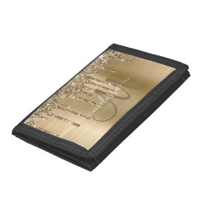 Chic Gold Dripping Glitter Brush Metal Monogram Tri-fold Wallet