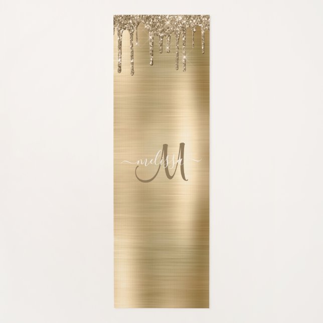 Chic Gold Dripping Glitter Brush Metal Monogram Yoga Mat (Front)