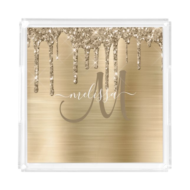 Chic Gold Dripping Glitter Brushed Metal Monogram Acrylic Tray (Front)