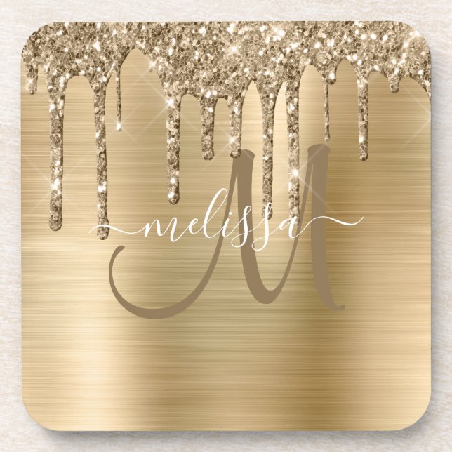 Chic Gold Dripping Glitter Brushed Metal Monogram Beverage Coaster (Front)