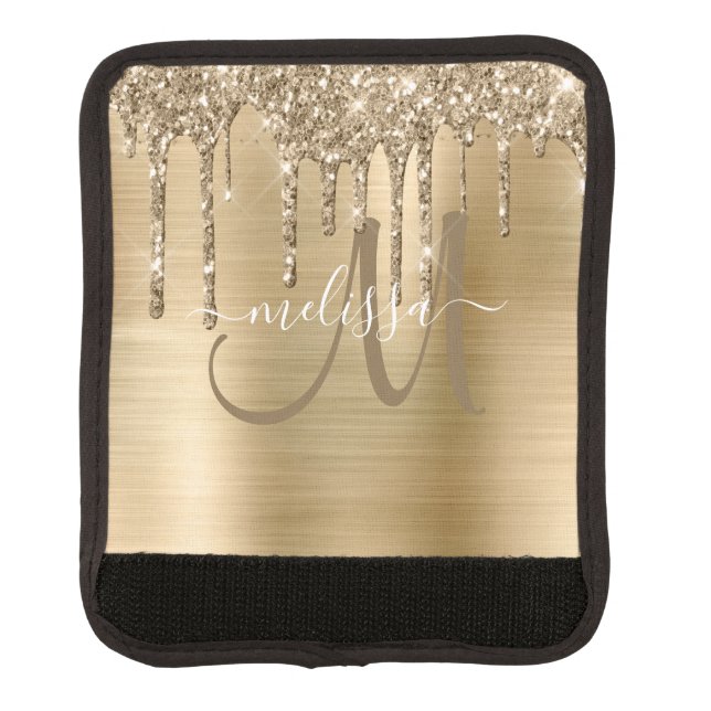 Chic Gold Dripping Glitter Brushed Metal Monogram Luggage Handle Wrap (Front)