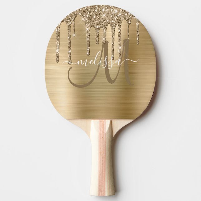 Chic Gold Dripping Glitter Brushed Metal Monogram Ping Pong Paddle (Front)
