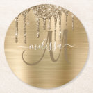 Chic Gold Dripping Glitter Brushed Metal Monogram Round Paper Coaster Chic Gold Dripping Glitter Brushed Metal Monogram Round Paper Coaster