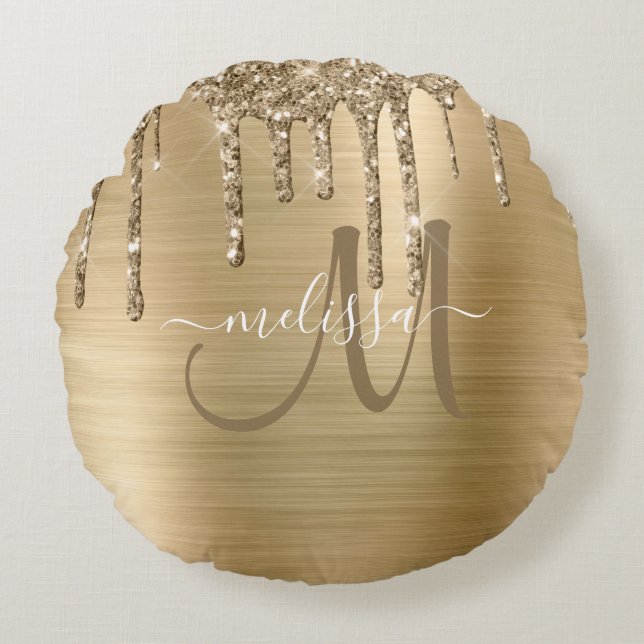 Chic Gold Dripping Glitter Brushed Metal Monogram Round Pillow (Front)