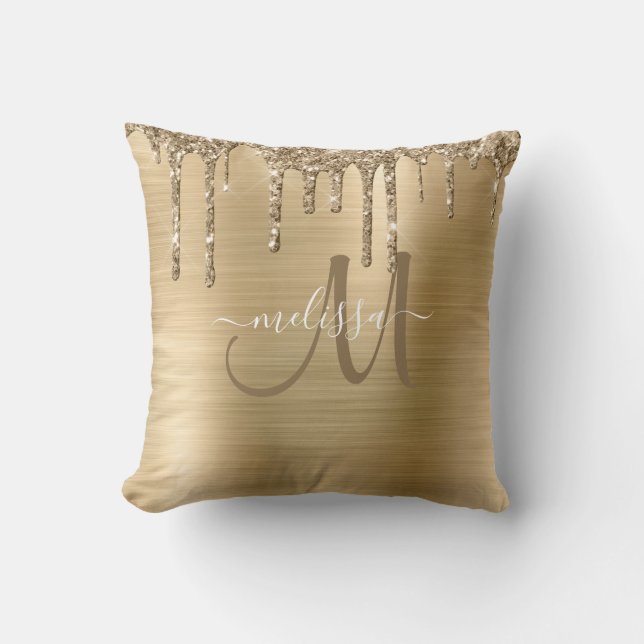 Chic Gold Dripping Glitter Brushed Metal Monogram Throw Pillow (Front)