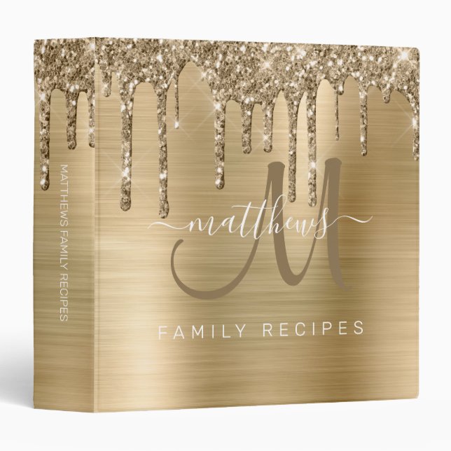 Chic Gold Dripping Glitter Metal Family Recipe 3 Ring Binder (Front/Spine)