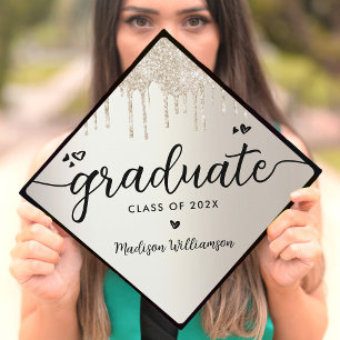 Chic Gold Dripping Glitter Modern Script Hearts Graduation Cap Topper