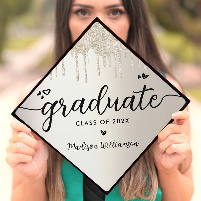 Chic Gold Dripping Glitter Modern Script Hearts Graduation Cap Topper (Creator Uploaded)
