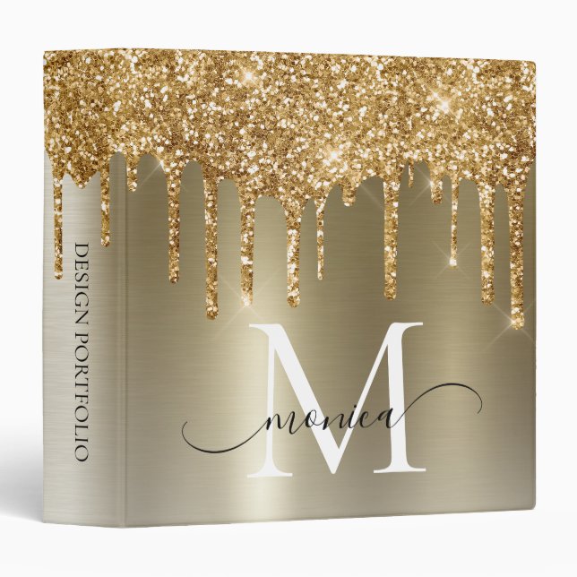 Chic Gold Dripping Glitter Monogram Name 3 Ring Binder (Front/Spine)