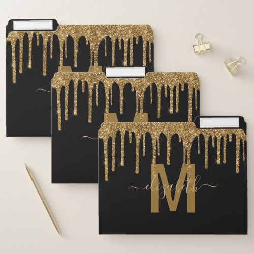 Chic Gold Dripping Glitter Monogram Name File Folder