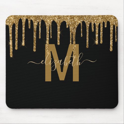 Chic Gold Dripping Glitter Monogram Name Mouse Pad