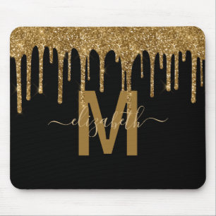 Chic Gold Dripping Glitter Monogram Name Mouse Pad