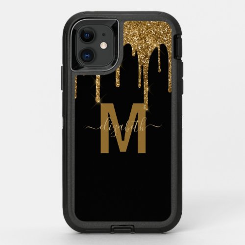 Chic Gold Dripping Glitter Monogram Name OtterBox Defender iPhone 11 Case