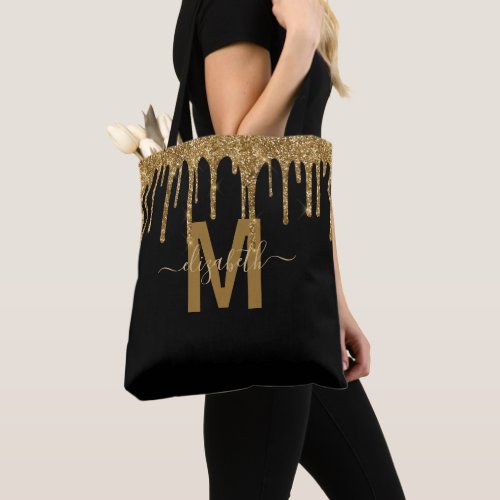 Chic Gold Dripping Glitter Monogram Name Tote Bag