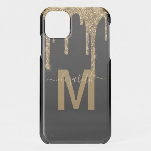 Chic Gold Dripping Glitter Monogram Name iPhone 11 Case
