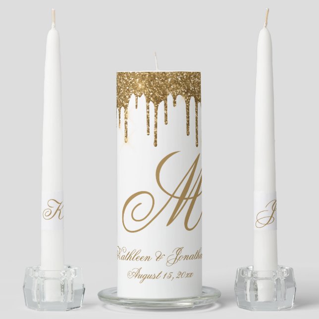 Chic Gold Dripping Glitter Monogram Name Wedding Unity Candle Set (Front)