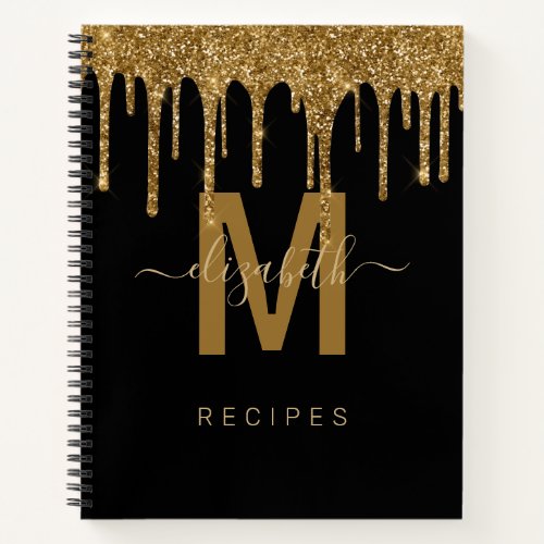 Chic Gold Dripping Glitter Monogram Recipe Notebook