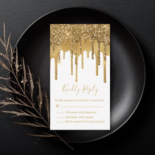 chic gold dripping glitters rsvp wedding note card