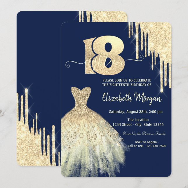 Chic Gold Drips Dress Navy Blue 18th Birthday Invitation (Front/Back)
