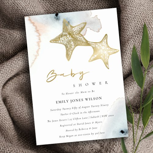 Chic Gold Dusky Blue Beachy Starfish Baby Shower Invitation