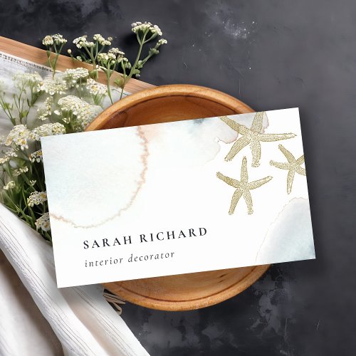 Chic Gold Dusky Blue Starfish Watercolor Coastal  Business Card