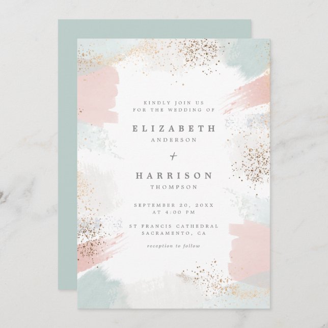 Chic Gold Dust & Painterly Brush Strokes Wedding Invitation (Front/Back)