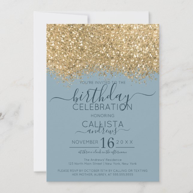 Chic Gold Dusty Blue Glitter Confetti Birthday Invitation (Front)