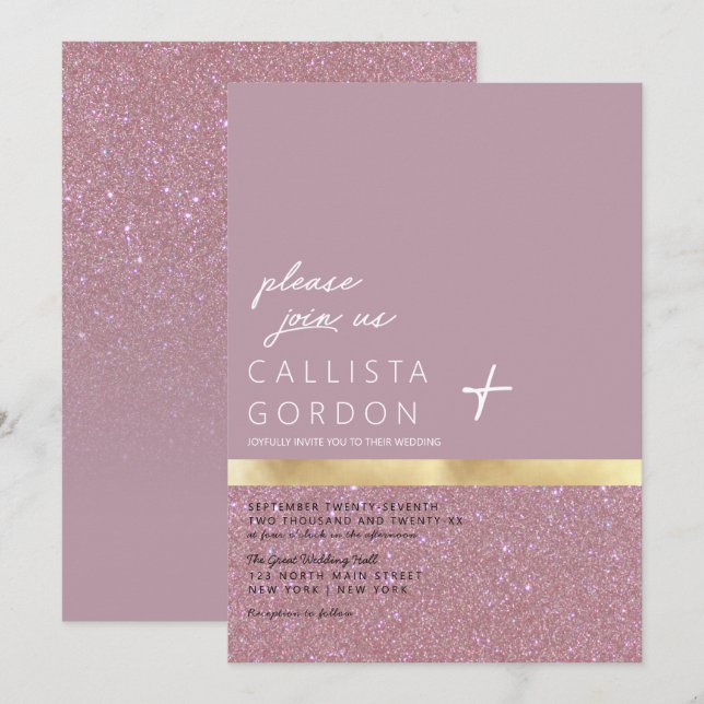 Chic Gold Dusty Mauve Glitter Color Block Wedding Invitation (Front/Back)