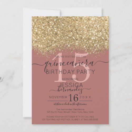Chic Gold Dusty Rose Glitter Confetti Quinceaera Invitation