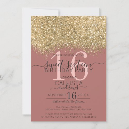 Chic Gold Dusty Rose Glitter Confetti Sweet 16 Invitation