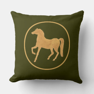 Chic Gold-effect Horse on Dark Mossy Green Throw Pillow
