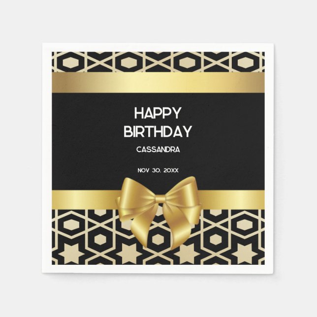 Chic Gold Egypt Geometric Gold Bow Happy Birthday Napkins (Front)