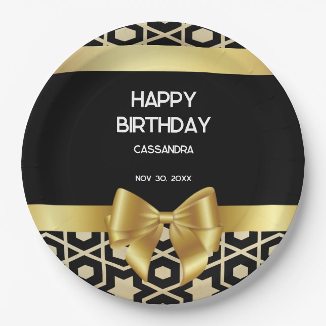 Chic Gold Egypt Geometric Gold Bow Happy Birthday Paper Plates (Front)