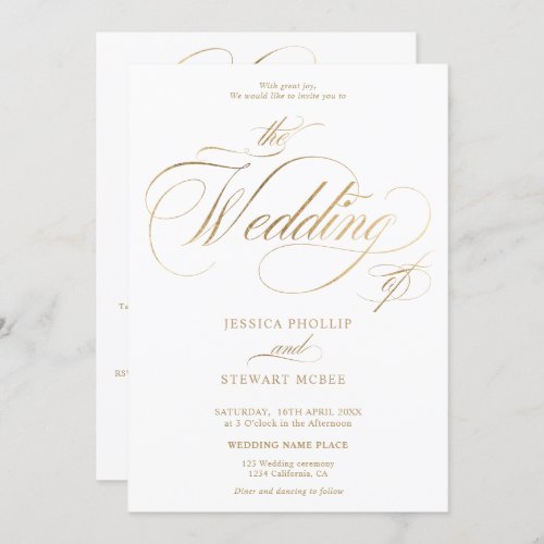 Chic gold elegant all in one calligraphy wedding invitation - Chic and elegant faux gold foil all in one calligraphy wedding invitation with rsvp, accommodations, details, and more info. With a beautiful brush calligraphy script.