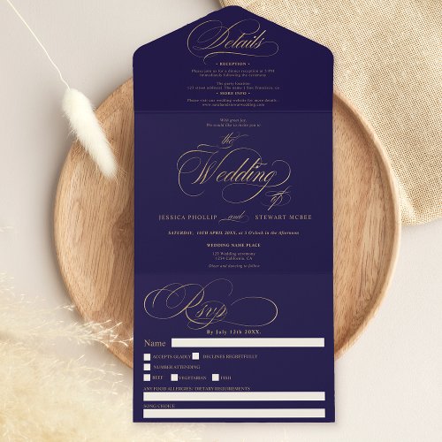 Chic gold elegant navy blue calligraphy wedding all in one invitation