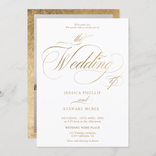 Chic gold elegant photo calligraphy wedding invitation - Chic and elegant faux gold foil photo calligraphy wedding invitation.With a beautiful brush calligraphy script.