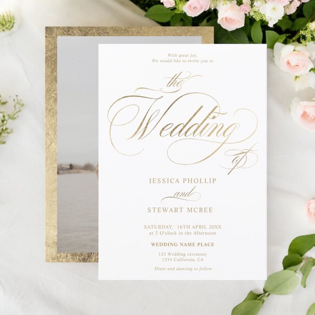 Chic gold elegant photo calligraphy wedding invitation (Chic gold elegant photo calligraphy wedding invitation)